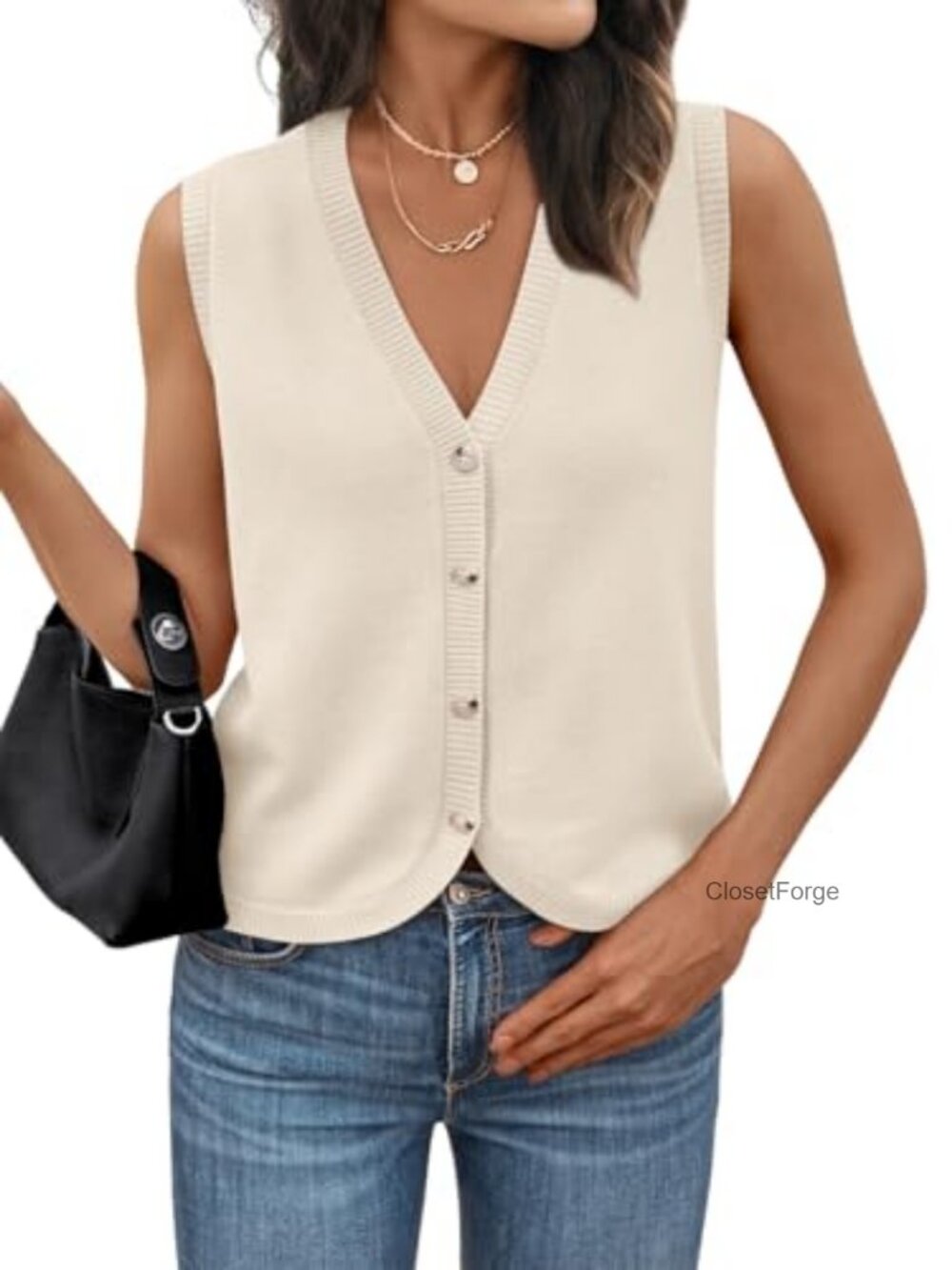 Women's Sleeveless Knit Sweater Vest V-Neck Button Down Layering Tank Preppy